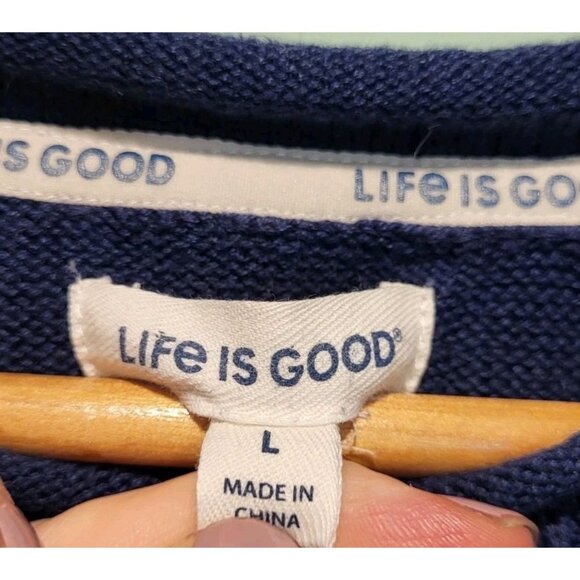 Life Is Good Blue White Stripe Short Sleeve Sweater Sz L Nautical Preppy - Picture 5 of 6